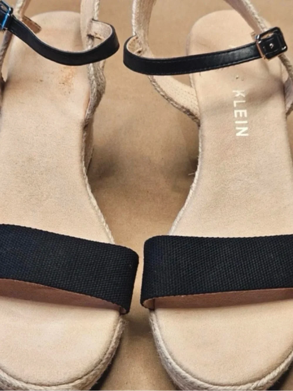 Anne Klein Black and Natural Espadrille Wedge Sandals
